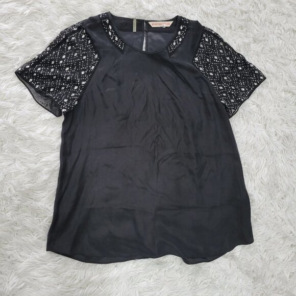 Rebecca Taylor 100% Silk Black Top with Embellished Sleeves - Size 4 - Picture 6 of 13
